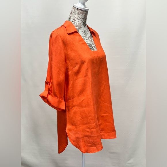 Soft Surroundings Orange 100% Linen Cuffed 3/4 Sleeve top size M - Picture 7 of 12